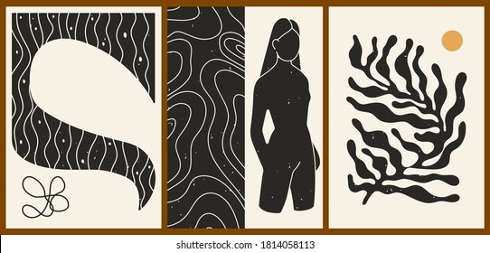 Set of three abstract minimalistic aesthetic backgrounds with woman silhouette, shapes, plant, sun, lines. Trendy colorful vector illustration for social networks, web design in vintage boho style.