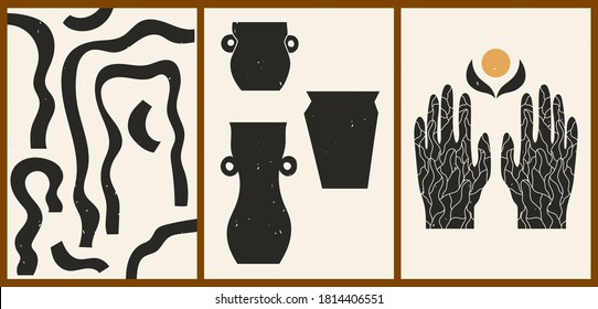 Set of three abstract minimalistic aesthetic backgrounds with hand, doodles, vases, sun, shapes, lines. Trendy colorful vector illustration for social networks, web design in vintage boho style.