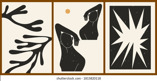 Set of three abstract minimalistic aesthetic backgrounds with plants, female silhouette, shapes, lines, sun. Trendy colorful vector illustration for social networks, web design in vintage boho style.