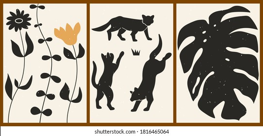 Set of three abstract minimalistic aesthetic backgrounds with cats, leaves, flowers, thin lines. Trendy colorful vector illustration for social networks, web design in vintage boho style.