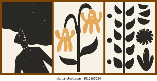 Set of three abstract minimalistic aesthetic backgrounds with woman silhouette, thin lines, shapes, flowers. Trendy colorful vector illustration for social networks, web design in vintage boho style.