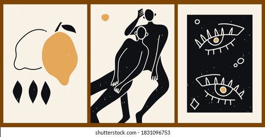 Set of three abstract minimalistic aesthetic backgrounds with silhouette of man and woman, lemon, eyes. Trendy colorful vector illustration for social networks, web design in vintage boho style.