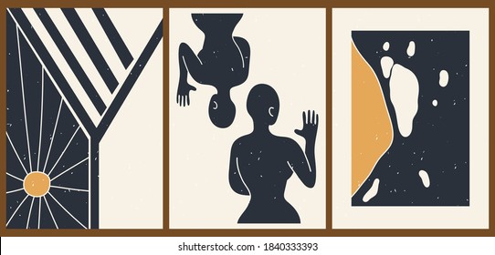 Set of three abstract minimalistic aesthetic backgrounds with pattern, stripes, sun, female silhouette. Trendy colorful vector illustration for social networks, web design in vintage boho style.