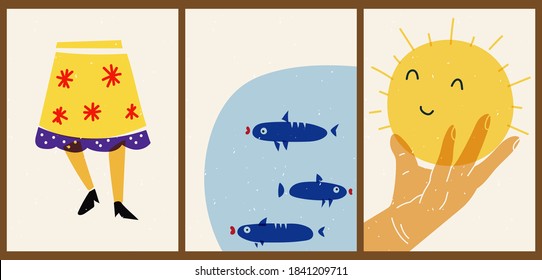 Set of three abstract minimalistic aesthetic backgrounds with sun, fish, skirt, hand. Trendy colorful cartoon vector illustration for children. Bright posters for social networks, web design.
