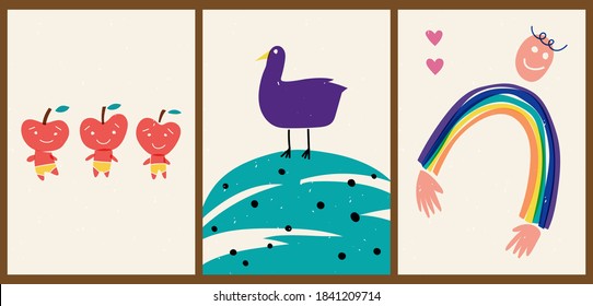 A set of three abstract minimalistic aesthetic backgrounds with apple, duck, man, rainbow. Trendy colorful cartoon vector illustration for children. Bright posters for social networks, web design.