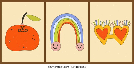 Set of three abstract minimalistic aesthetic backgrounds with rainbow, apple, hearts. Trendy colorful cartoon vector illustration for children. Bright posters for social networks, web design.