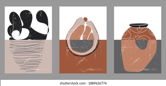 Satz von drei abstrakten minimalistischen ästhetischen Hintergründen mit Vasen, Doodles, Früchten. Trendy Vektorgrafiken für soziale Netzwerke, Web-Designs, Cover, Postkarten im vintage boho Stil.