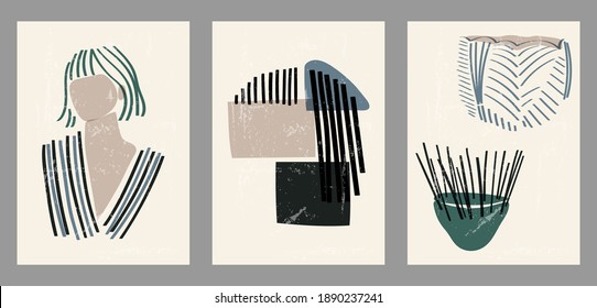 Set of three abstract minimalistic aesthetic backgrounds with woman silhouette, geometric shapes, vases, stripes. Trendy vector illustration for social networks, web design in vintage boho style.