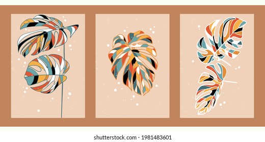 A set of three abstract minimalistic aesthetic floral illustrations. Colorful silhouettes of plants on a light background. Modern vector posters for social networks, web design, interiors. 