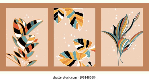 A set of three abstract minimalistic aesthetic floral illustrations. Colorful silhouettes of plants on a light background. Modern vector posters for social networks, web design, interiors. 