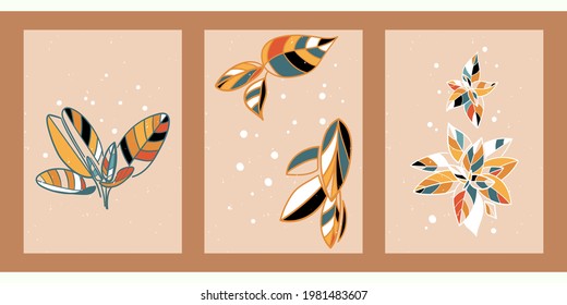 A set of three abstract minimalistic aesthetic floral illustrations. Colorful silhouettes of plants on a light background. Modern vector posters for social networks, web design, interiors. 