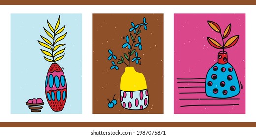 A set of three abstract minimalistic aesthetic floral illustrations. Colorful silhouettes of plants on a light background. Modern vector pop art posters for social networks, web design, interiors. 