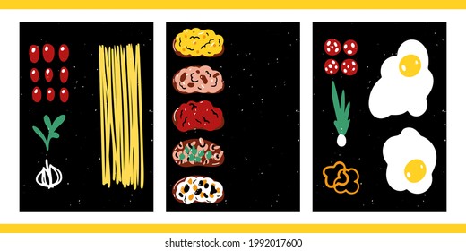 Set of three abstract minimalistic aesthetic grocery illustrations over black background. Modern vector posters with culinary dishes, cooking ingredients, pasta, sandwiches, fried eggs.