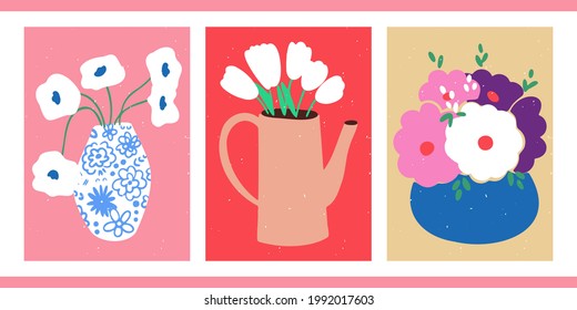 A set of three abstract minimalistic aesthetic floral illustrations. Colorful silhouettes of plants on a light background. Modern vector pop art posters for social networks, web design, interiors. 