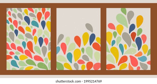 Eine Reihe von drei abstrakten minimalistischen ästhetischen Hintergründen mit dünnen Linien, verschiedenen geometrischen Formen, Mustern. Trendy bunter Vektorgrafik für soziale Netzwerke, Web-Design im Vintage-Stil.