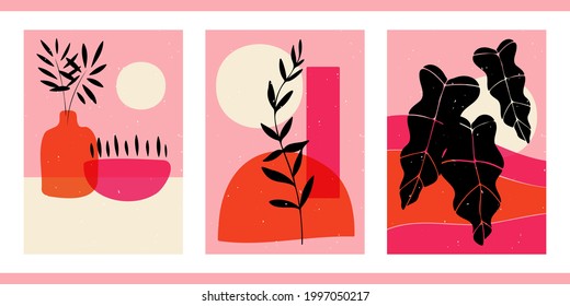 A set of three abstract minimalistic aesthetic backgrounds with abstract shapes. doodles, circles, flowers. Trendy colorful vector illustration for social networks, web design in vintage boho style.