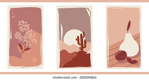 A set of three abstract minimalistic aesthetic backgrounds with abstract shapes. doodles, circles, flowers. Trendy colorful vector illustration for social networks, web design in vintage boho style.