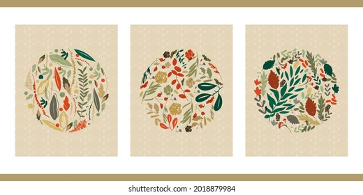 Un conjunto de tres ilustraciones estéticas estéticas florales abstractas minimalistas. Silhouettes coloridas de plantas sobre un fondo claro. Afiches vectoriales modernos para redes sociales, diseño web, interiores. 