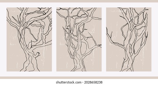 A set of three abstract minimalistic aesthetic natural illustrations. Black silhouettes of trees on a light background. Modern monochrome posters for social networks, web design in vintage style.