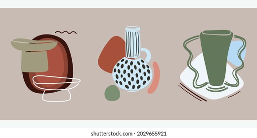 Eine Reihe von drei abstrakten minimalistischen ästhetischen Stillleben mit Vasen. Doodles und Formen in Pastellfarben. Moderne Vektorkomposition im Boho-Stil für soziale Netzwerke, Webdesign, Inneneinrichtung.