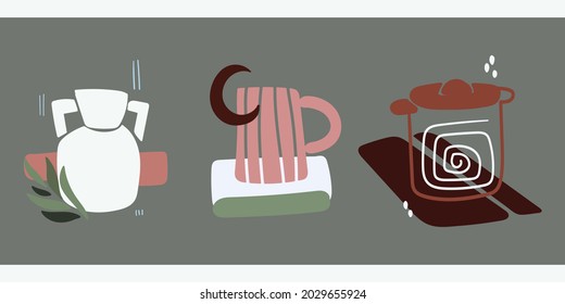 Un conjunto de tres formas abstractas de estética minimalista se mantiene con jarrones. Doodles y formas en tonos pastel. Composición vectorial moderna en estilo boho para redes sociales, diseño web, interiores.