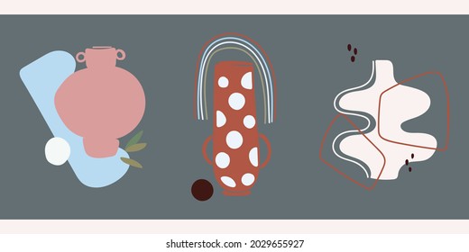A set of three abstract minimalistic aesthetic still lifes with vases. Doodles and shapes in pastel colors. Modern vector composition in boho style for social networks, web design, interiors.