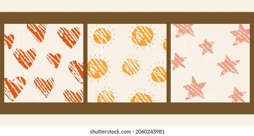 A set of three abstract minimalistic aesthetic illustrations. Colored patterns with heart, sun, star on a light background. Modern monochrome vector posters for social networks, web design.
