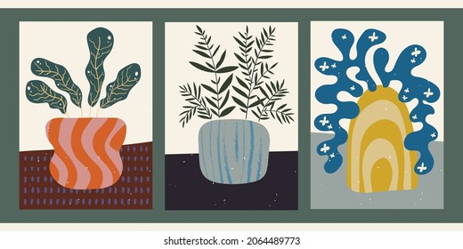 A set of three abstract minimalistic aesthetic floral illustrations. Colorful silhouettes of plants on a light background. Modern vector posters for social networks, web design, interiors. 