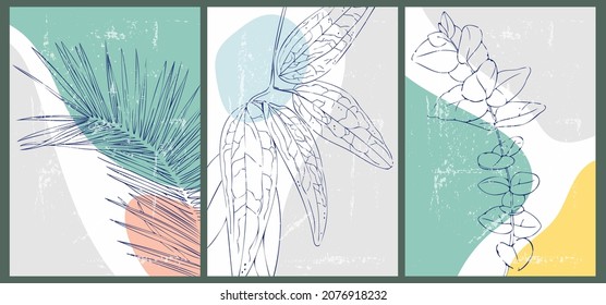 A set of three abstract minimalistic aesthetic floral illustrations. Colorful silhouettes of plants with geometric shapes, dots. Modern vector posters for social networks, web design, interiors. 