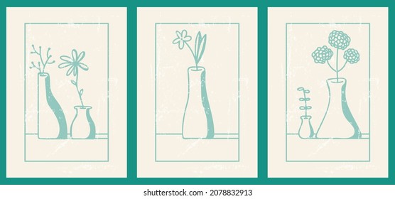 Un conjunto de tres ilustraciones estéticas estéticas florales abstractas minimalistas. Silhouettes de vegetación verde claro en un fondo claro. Afiches vectoriales modernos para redes sociales, diseño web, interiores. 