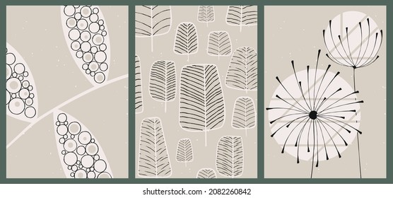 A set of three abstract minimalistic aesthetic floral illustrations. Monochrome silhouettes of plants with geometric shapes, lines. Modern vector posters for social networks, web design, interiors. 