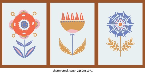 A set of three abstract minimalistic aesthetic floral illustrations. Colorful silhouettes of plants on a light background. Modern vector pop art posters for social networks, web design, interiors. 