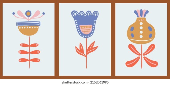 A set of three abstract minimalistic aesthetic floral illustrations. Colorful silhouettes of plants on a light background. Modern vector pop art posters for social networks, web design, interiors. 
