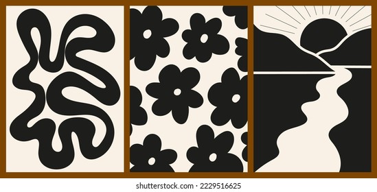 Set of three abstract minimalistic aesthetic backgrounds with landscape, lines.and flowers. Trendy colorful vector illustration for social networks, web design in vintage boho style.