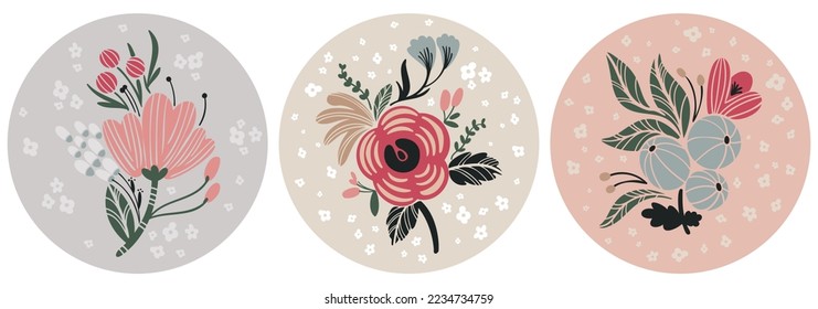 Un conjunto de tres ilustraciones estéticas estéticas florales abstractas minimalistas. Silhouettes coloridas de plantas sobre un fondo claro. Afiches vectoriales modernos para redes sociales, diseño web, interiores. 