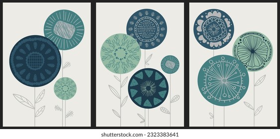 A set of three abstract minimalistic aesthetic floral illustrations. Colorful silhouettes of plants with geometric shapes, lines. Modern vector posters for social networks, web design, interiors. 