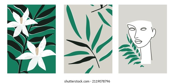 Set of three abstract minimalistic posters with woman face, leaves, flowers and branches. Foliage drawing, natural art print vector illustration. Plant design for background, wallpaper, card, wall art