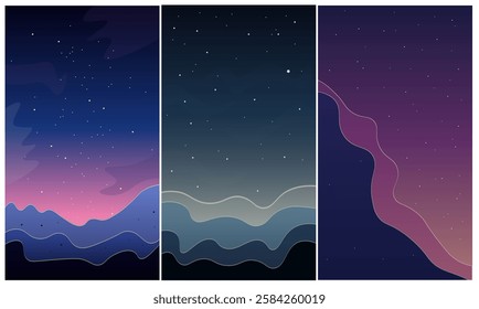 Set Of Three Abstract Mobile Phone Stories Wallpaper Celestial Sky Night Stars Golden Waves Vector Design