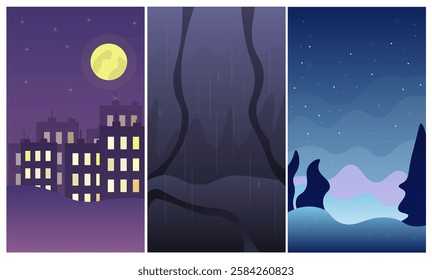 Set Of Three Abstract Mobile Phone Wallpaper Backgrounds Industrial Forest Dark Night Vector Design