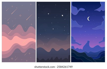 Set Of Three Abstract Mobile Phone Wallpaper Celestial Trendy Dark Vector Design