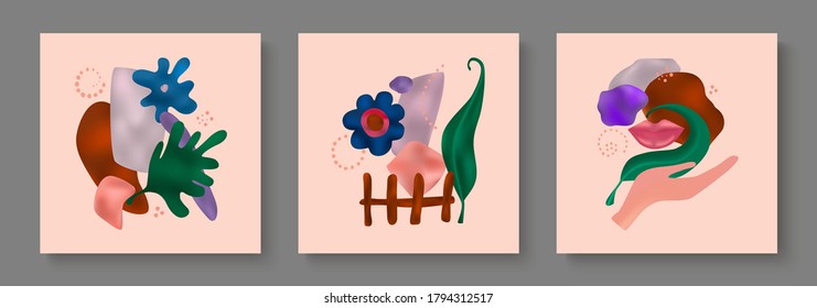 
Set of three abstract modern patterns. Hand drawn doodles, shapes, flowers, leaves, lips, hand. Applicable for greeting cards, invitations, banners, congratulations, covers, brochures, posters.