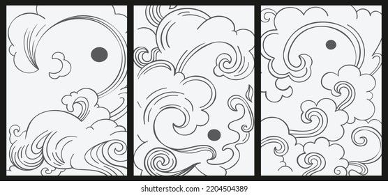 Set of three abstract monochrome illustrations. Vector graphic posters in Japanese style. Stylish minimalist backgrounds with circles, line art, swirls. Asian vintage.