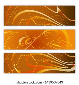 A set of three abstract multicolored backdrops of abstract bright energetic modern digital textures of the future magical fashion yellow  lines of beautiful curved posters. Vector illustration