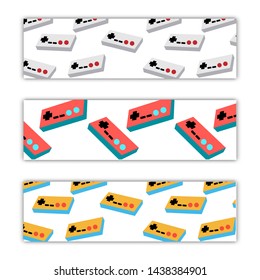 A set of three abstract multicolored backgrounds for poster textures from old retro vintage game joysticks for computer video games game console from the 8s 90s. Vector illustration