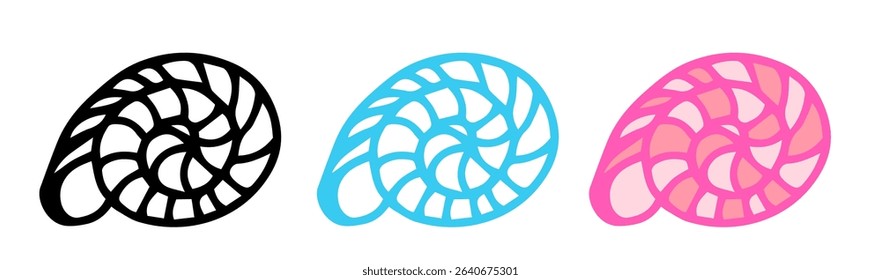 Set of three abstract nautilus shell designs in black, blue, and pink. Each design features intricate spiral patterns. Modern and stylish for decorative use.