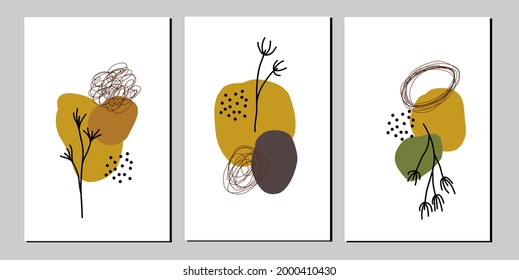 Set three of abstract organic with flowers wall art. Scandinavian wall decor. Leafs wall Decorations. Cards invitation background Wallpaper poster social media invitation.