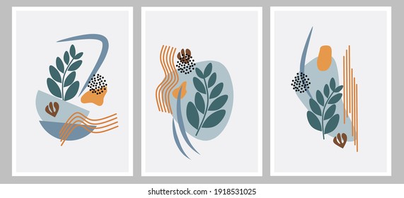 Set three of abstract organic pattern and bontanical flowers wall decor. Minimalist wall art with neutral pastel color. Scandinavian style vector Ilustration. Can use for social media and poster