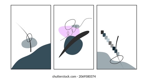 Set three of abstract organic shapes wall art. Grey color wall decor. Scandinavian wall decorations.