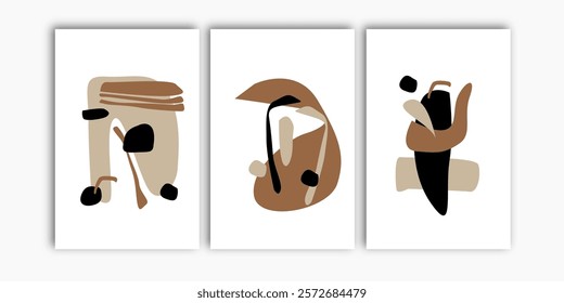 Set of three abstract organic shapes wall print vector. Boho scandinavian wall decoration.