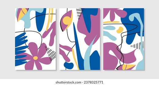 Establecer tres de vector de arte de pared orgánico abstracto. Decoración de paredes escandinavas de colores vivos. Colección de fondo de formas abstractas estéticas, banner e impresión de pared.